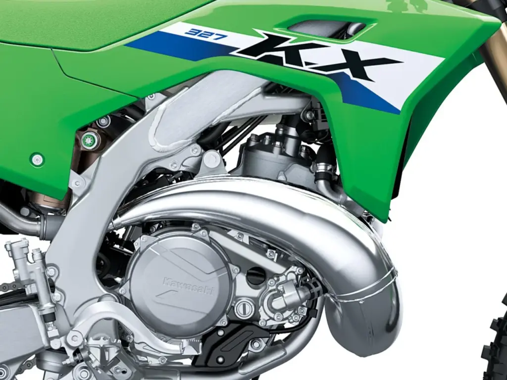 Motor, Fahrwerk und Auspuffbirne der Kawasaki KX327, 2027