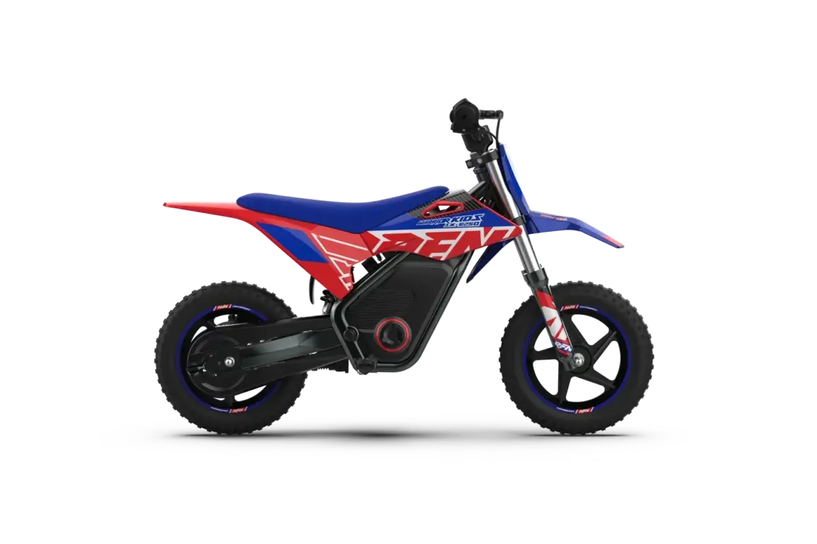 Seitliche Ansicht des RFN Warrior Kids SX-E250 Elektro-Motocross-Motorrads für Kinder, mit blau-rotem Renn-Design