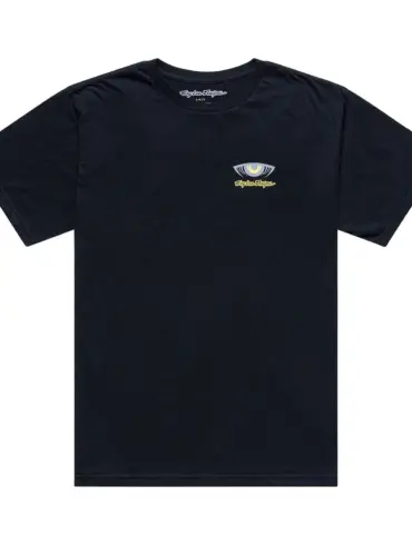 Schwarzes kurzärmeliges T-Shirt mit kleinem Cyborg-Motiv auf der linken Brust