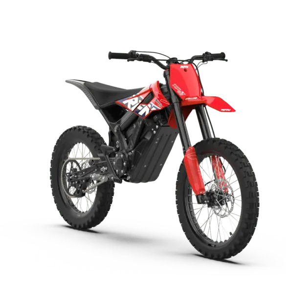 Seitliche Ansicht der roten RFN Ares Rally Pro Elektro-Enduro mit robustem Offroad-Design.