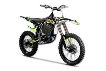 Elektrisches Motocross-Motorrad HVR MX2 seitlich auf schwarzem Hintergrund