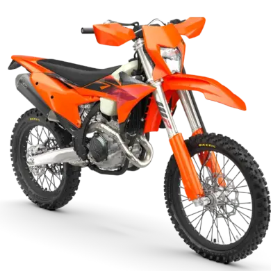 KTM 450 EXC-F Enduro-Motorrad 2027 in Seitenansicht, orange Verkleidung, Stollenreifen