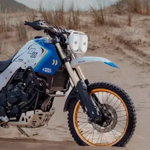 Seitenansicht einer Yamaha Ténéré 700 mit montiertem Baja-Umbaukit und Doppel-Scheinwerfern in einer Sandlandschaft