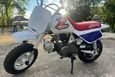 Restaurierte Honda Z50 von 1995 mit weiß-blau-rotem Farbschema, originalem Tank, rotem Sitz und korrekt angebrachtem Z-Logo, abgestellt im Außenbereich.