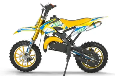 Gelbes und blaues Valtinsu 49cc Mini-Dirtbike für Kinder, seitliche Ansicht auf weißem Hintergrund.