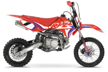 RFZ Gazelle 110 Kinder-Pitbike, Ansicht von der Seite, rotes Design mit Offroad-Bereifung
