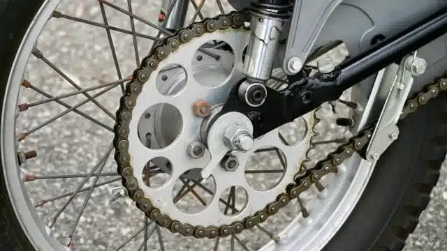 Nahaufnahme des Kettenrads und Hinterrads einer klassischen Montesa Cota Enduro Trials von 1972