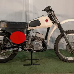 Seitenansicht einer 1973 CZ 125 Motocross mit weißem Tank, rotem Seitendeckel und Offroad-Bereifung.