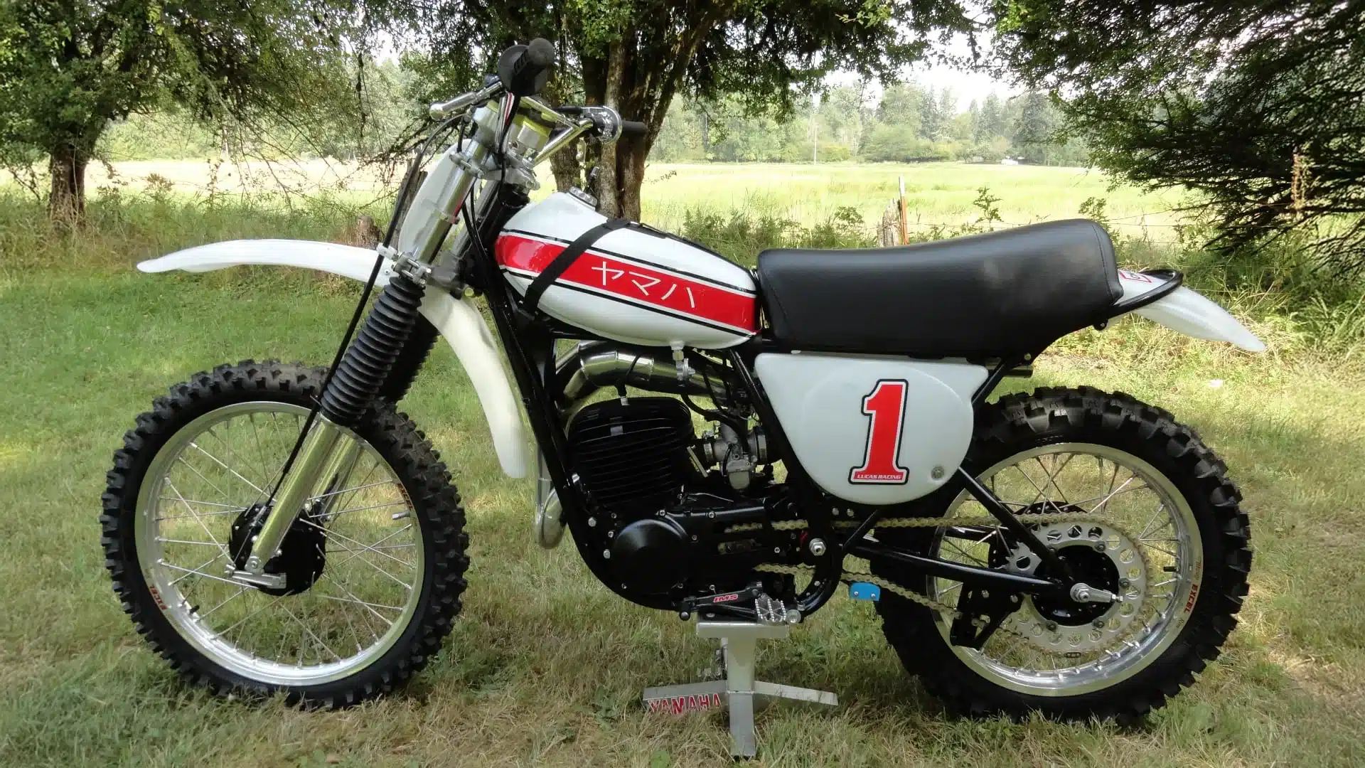 Yamaha YZ250C Baujahr 1976, Motocross-Motorrad mit weißem Tank und rotem Streifen, Seitenansicht auf Gras.