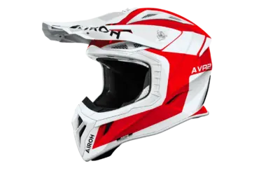 Airoh Aviator ACE 2 Iron Motorradhelm in der Farbkombination Rot/Weiß von der Seite.