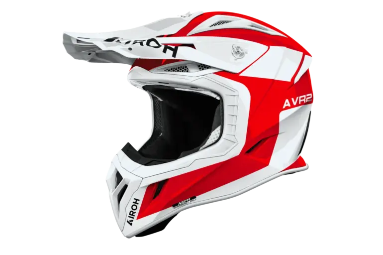Airoh Aviator ACE 2 Iron Motorradhelm in der Farbkombination Rot/Weiß von der Seite.