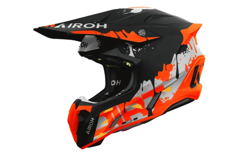 Airoh TWIST 3 DIRT Offroad-Helm, matt, mit auffälligen roten und orangen Grafikelementen, Seitenansicht