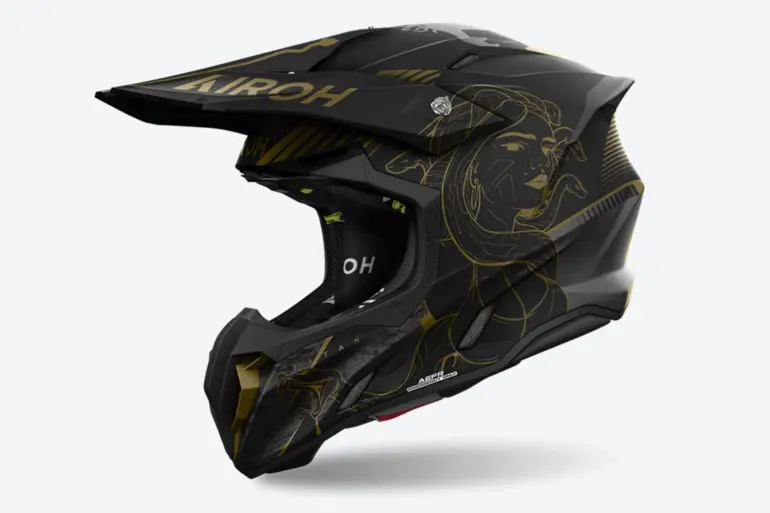 Airoh Twist 3 Titan Helm in Schwarz mit goldener Grafik von der Seite