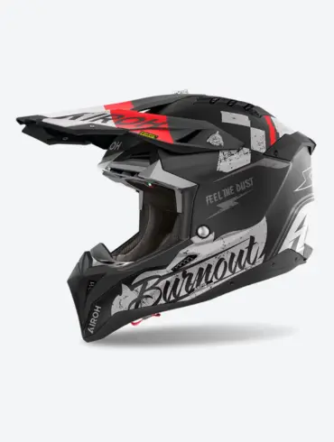 Airoh Aviator 3 Burnout Helm mit grafischen Elementen in Schwarz, Grau und Rot seitlich abgebildet.