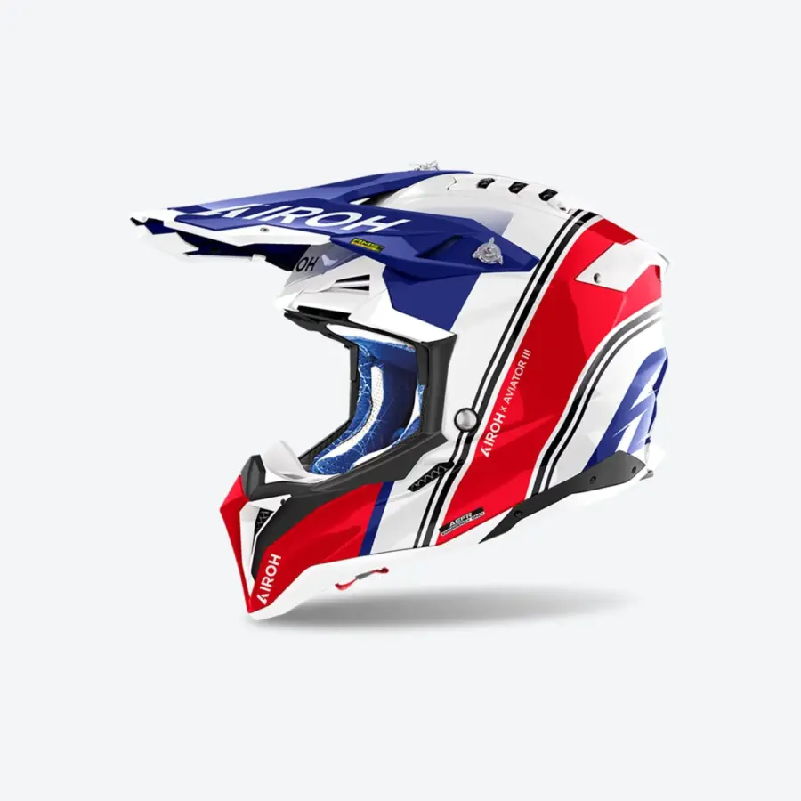 Seitenansicht des Offroad-Helms Airoh Aviator 3 HIMA in Blau Rot glänzend