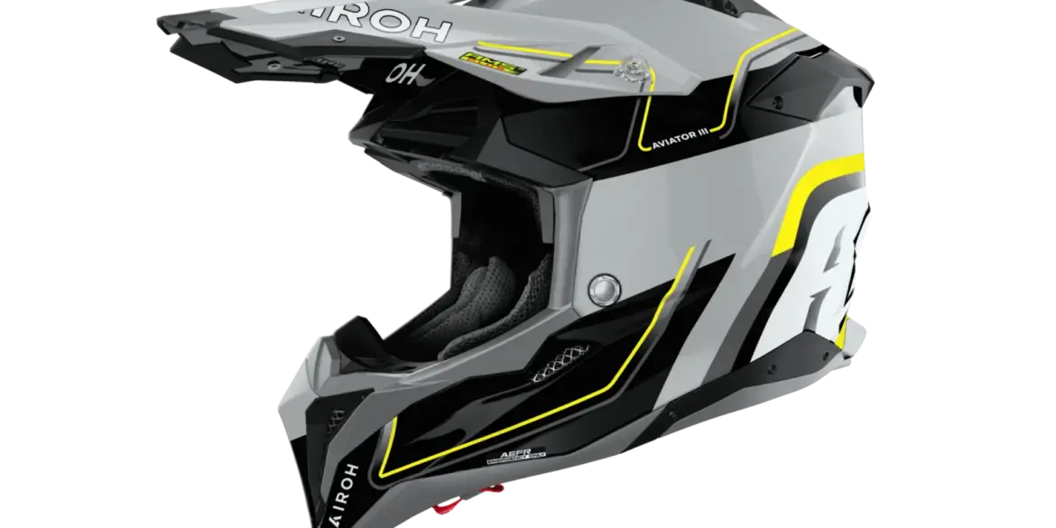 Airoh Aviator 3 Leader Motorradhelm, seitliche Ansicht, gelb-schwarzes Design mit Visier und Belüftung.