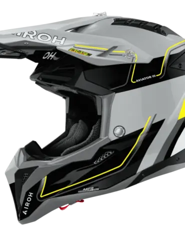 Airoh Aviator 3 Leader Motorradhelm, seitliche Ansicht, gelb-schwarzes Design mit Visier und Belüftung.