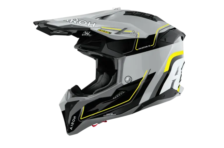 Airoh Aviator 3 Leader Motorradhelm, seitliche Ansicht, gelb-schwarzes Design mit Visier und Belüftung.