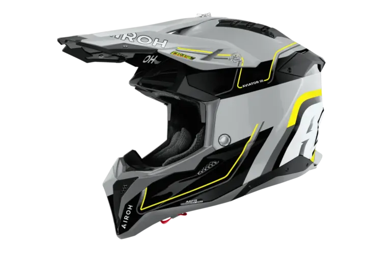 Airoh Aviator 3 Leader Motorradhelm, seitliche Ansicht, gelb-schwarzes Design mit Visier und Belüftung.