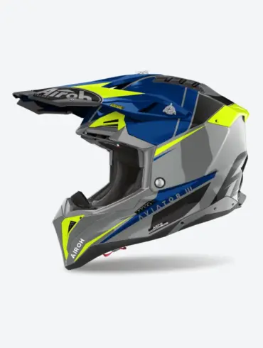 Airoh Aviator 3 Push Offroad-Helm in glänzendem Blau, Gelb und Grau seitlich abgebildet
