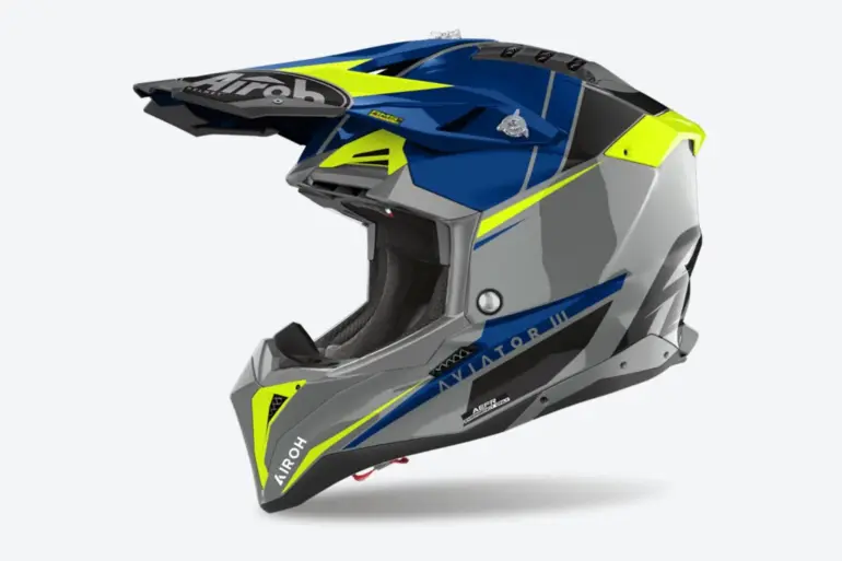Airoh Aviator 3 Push Offroad-Helm in glänzendem Blau, Gelb und Grau seitlich abgebildet