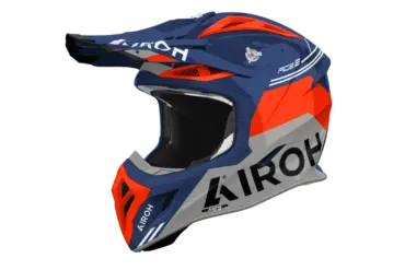 Offroad-Helm Airoh Aviator ACE 2 FURY in Blau, Orange und Grau mit Belüftungen und Visier.