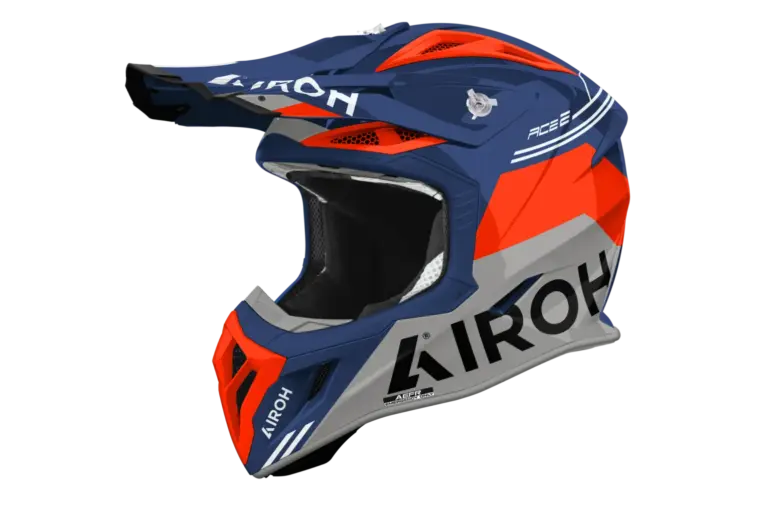 Offroad-Helm Airoh Aviator ACE 2 FURY in Blau, Orange und Grau mit Belüftungen und Visier.
