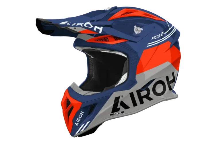 Offroad-Helm Airoh Aviator ACE 2 FURY in Blau, Orange und Grau mit Belüftungen und Visier.