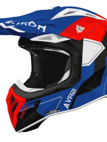 Airoh Aviator ACE 2 Crosshelm in Blau, Rot und Weiß mit markantem Visier und sportlichem Design