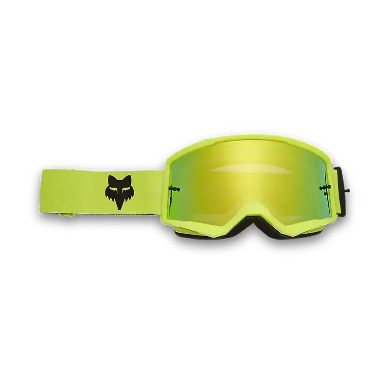 Gelbe Motocross-Brille Fox Main mit verspiegelter Sichtscheibe auf weißem Hintergrund