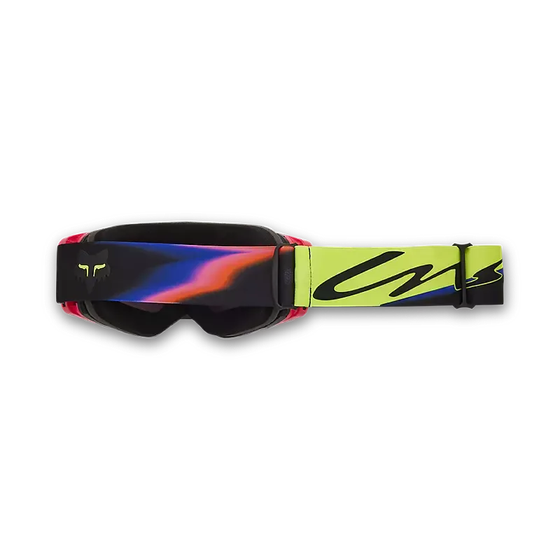 Vue Energy Mirror Lens VIVID Dirtbike-Brille mit farbigem Brillenband in Nahaufnahme, seitlich betrachtet.