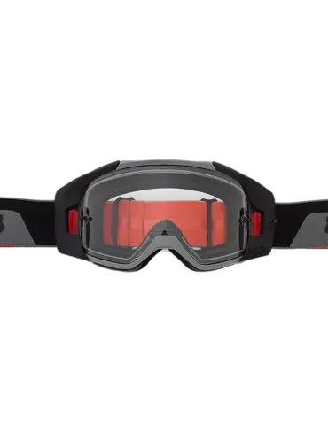 Vue X Crossbrille von Fox Racing mit klarer Doppelsichtscheibe, schwarzem Rahmen und grauem Riemen mit Fox-Logo.