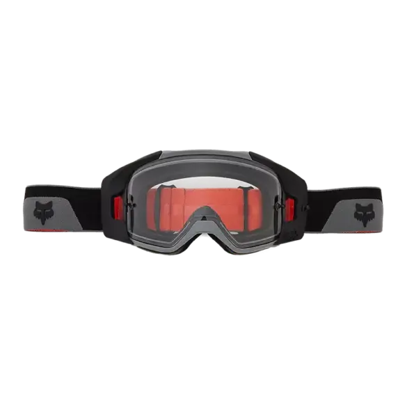 Vue X Crossbrille von Fox Racing mit klarer Doppelsichtscheibe, schwarzem Rahmen und grauem Riemen mit Fox-Logo.
