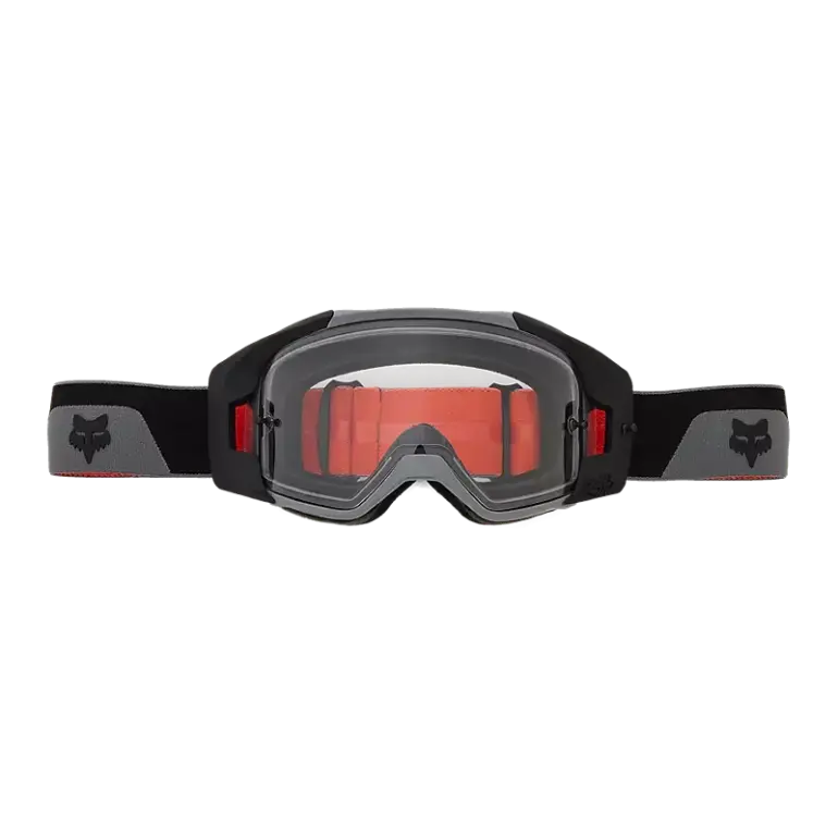 Vue X Crossbrille von Fox Racing mit klarer Doppelsichtscheibe, schwarzem Rahmen und grauem Riemen mit Fox-Logo.