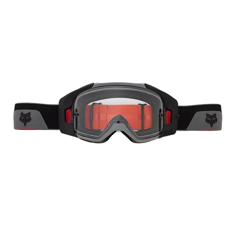 Vue X Crossbrille von Fox Racing mit klarer Doppelsichtscheibe, schwarzem Rahmen und grauem Riemen mit Fox-Logo.