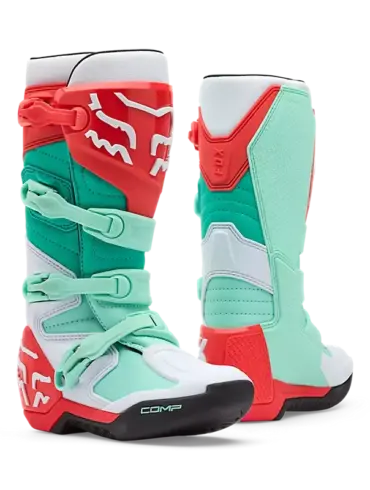 Motocross-Stiefel Fox Comp für Damen in Aqua Blau mit roten und weißen Akzenten im Vorder- und Rückansicht