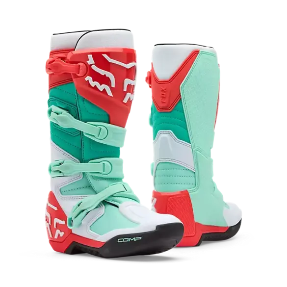 Motocross-Stiefel Fox Comp für Damen in Aqua Blau mit roten und weißen Akzenten im Vorder- und Rückansicht