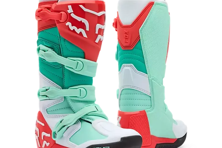 Motocross-Stiefel Fox Comp für Damen in Aqua Blau mit roten und weißen Akzenten im Vorder- und Rückansicht