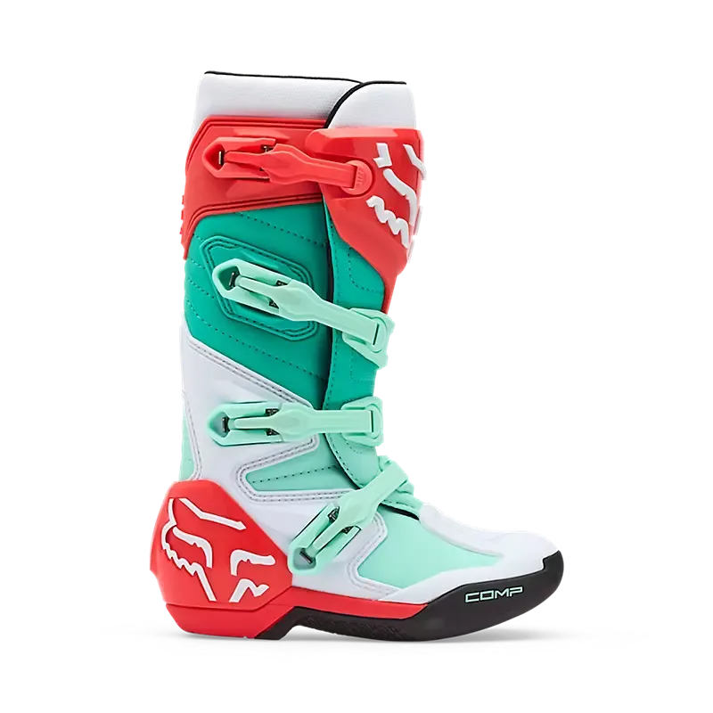 Fox Comp Motocross-Stiefel für Frauen in Aqua Blau mit vier Schnallen und TPU-Verstärkungen.