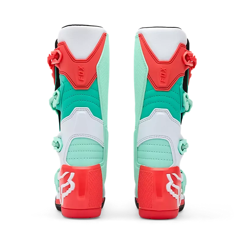 Motocross-Stiefel für Frauen, Rückansicht, Modell in Aqua Blau mit roten Details und vier Schnallen