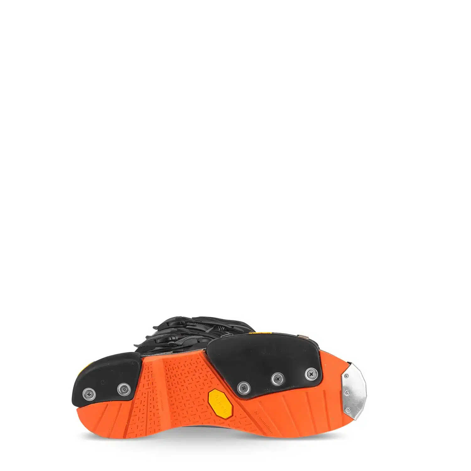 Unteransicht eines Supermoto-Rennstiefels mit orangefarbener Vibram-Sohle und schwarzen, verschraubten Slidern