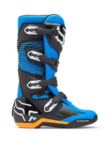 Blauer Fox Comp Motocross-Stiefel mit Schnallen und Fox-Logo von der Seite