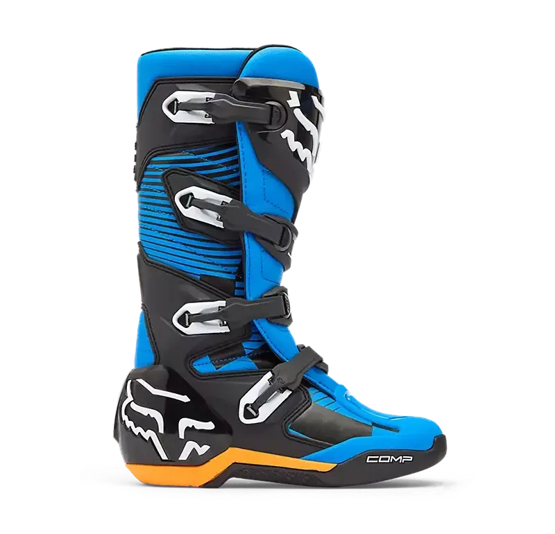 Blauer Fox Comp Motocross-Stiefel mit Schnallen und Fox-Logo von der Seite