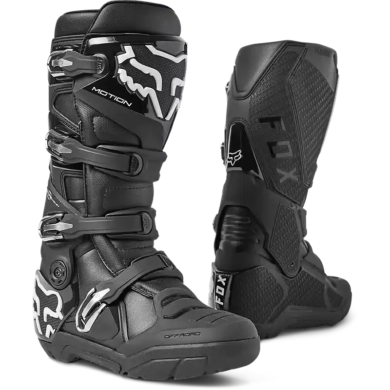 Zwei Fox Motion X Offroad-Stiefel, seitliche und hintere Ansicht, schwarze Farbe mit Schnallen und robustem Profil.
