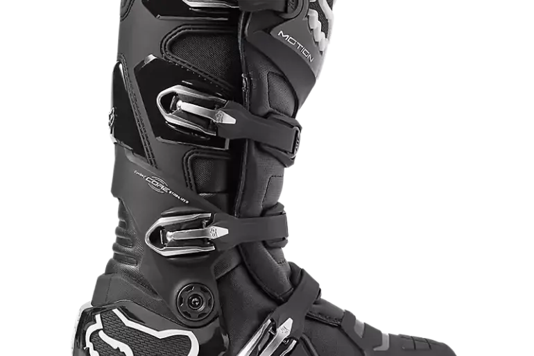 Schwarzer Motocross-Stiefel Fox Motion X mit vier Metallschnallen und Fox-Logo
