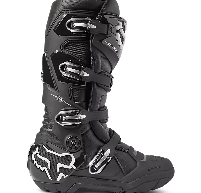 Schwarzer Motocross-Stiefel Fox Motion X mit vier Metallschnallen und Fox-Logo