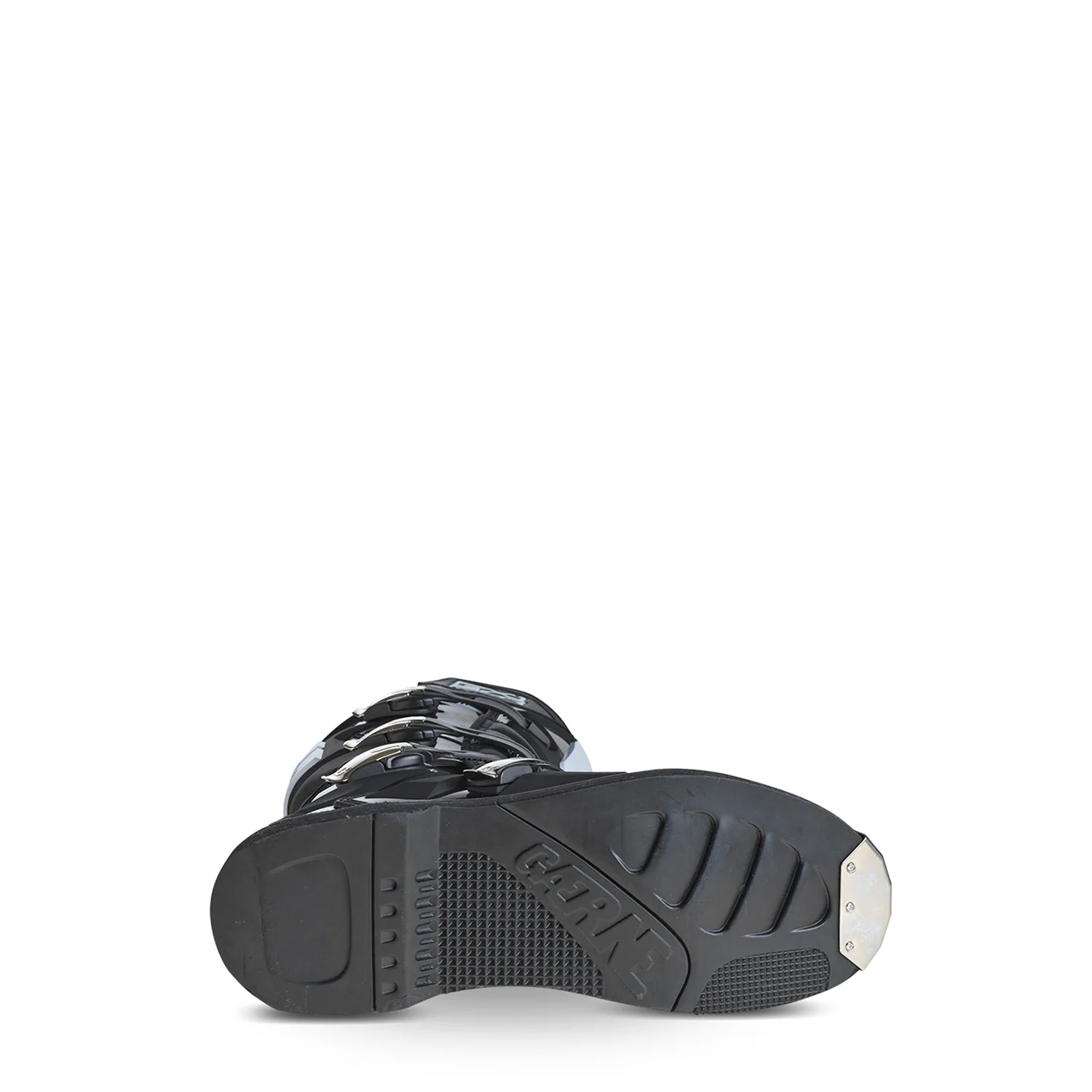 Sohle des Gaerne GX1 BLACK Offroad-Stiefels aus Gummi mit ausgeprägtem Profil und Metallschutz an der Spitze.