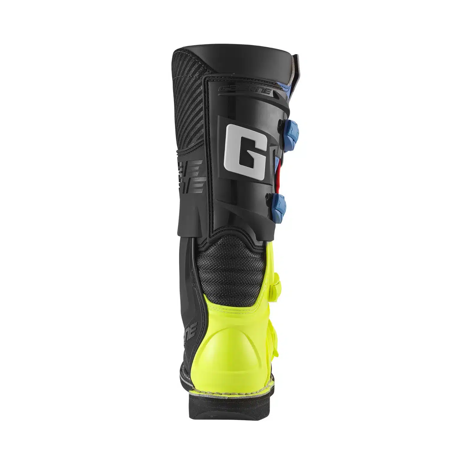 Gaerne GXJ Motocross-Stiefel BLACK/BLUE/FLUO YELLOW von hinten mit Anti-Torsion-System und Schnallenverschluss