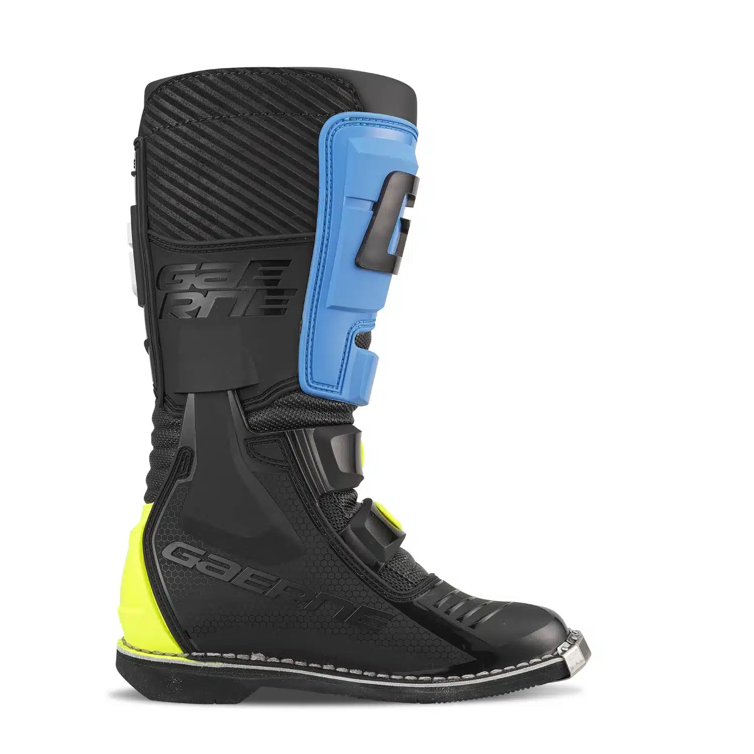Motocross-Stiefel Gaerne GXJ BLACK/BLUE/FLUO YELLOW mit blauen, gelben und schwarzen Elementen