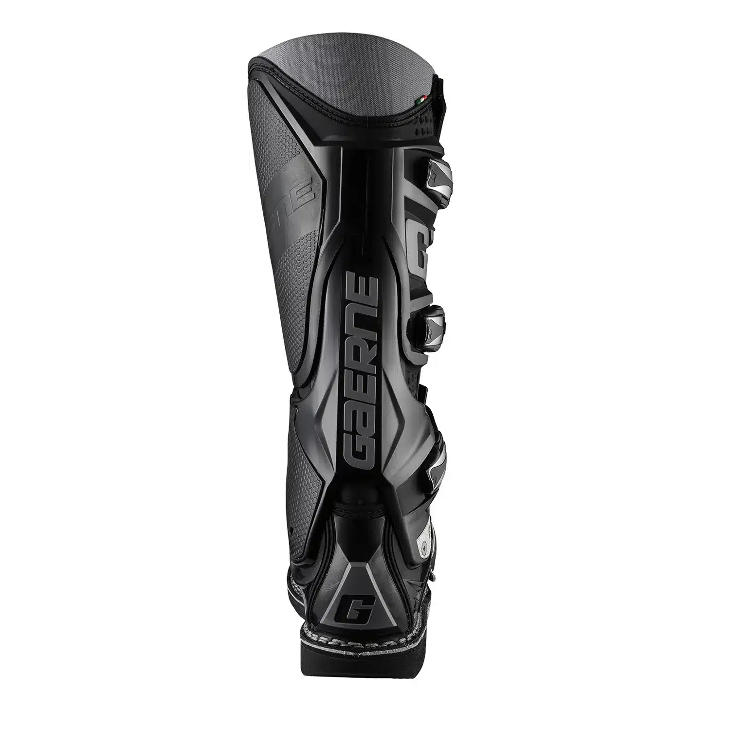 Rückansicht des Gaerne SG12 Black Motocross- und Enduro-Stiefels, Fokus auf Schienbeinschutz und Verschlusssystem.